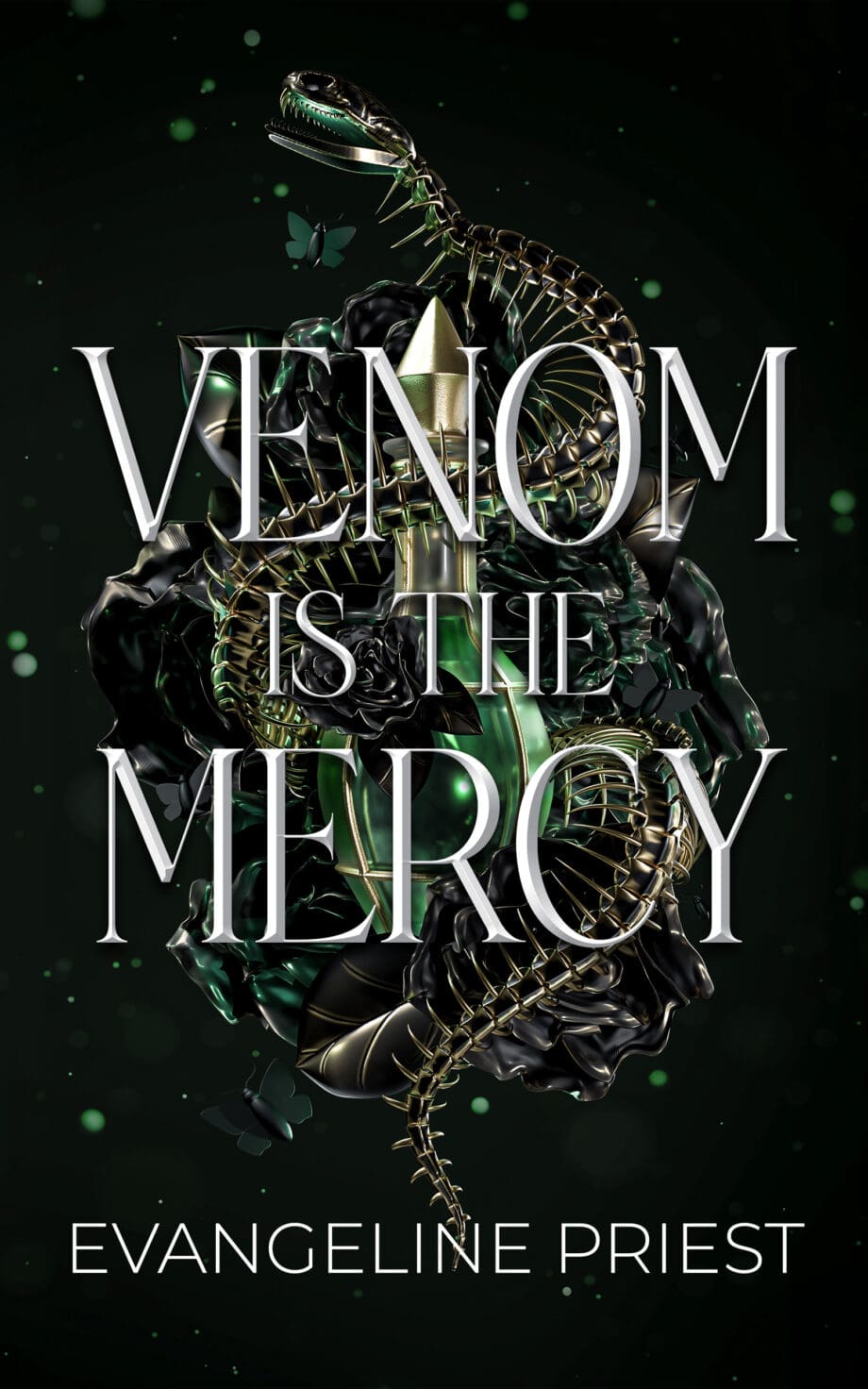Venom is the Mercy book cover. Snake skeleton wrapped around a glass vial